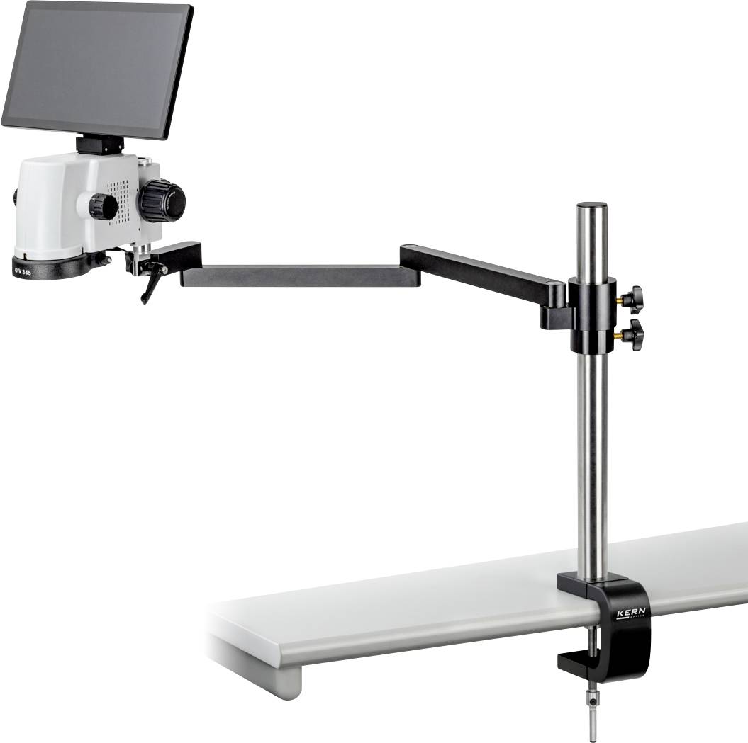 Een digitale microscoop met een monitor is op een verstelbare arm gemonteerd. De opstelling is aan een tafel bevestigd, wat nauwkeurige waarnemingen mogelijk maakt.
