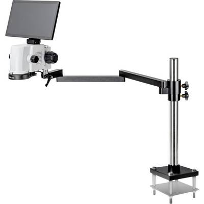 Een digitale microscoop met een verstelbare arm en LCD-scherm gemonteerd op een standaard, ontworpen voor nauwkeurig werk en vergroot kijken.