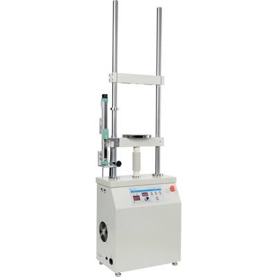 Een verticale machine voor het testen van materiaalcompressie, met een digitaal bedieningspaneel met meerdere indicatoren en een noodstopknop.