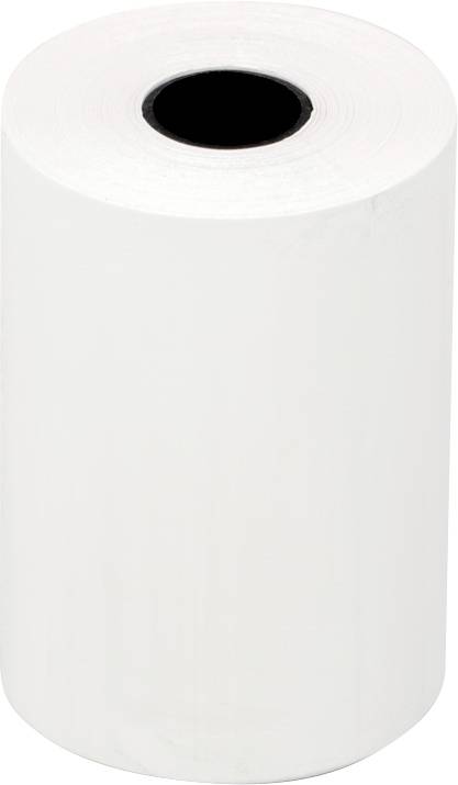 Een rol wit thermisch bonpapier, rechtopgesteld, met een zichtbare zwarte binnenkern.