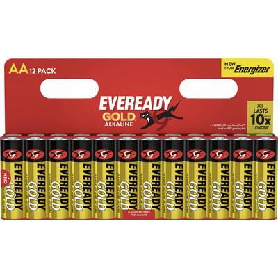 'AA 12-pak Eveready Gold Alkaline Batterijen', met als kenmerken 'Duurt 10X Langer', en het label 'Nieuw van Energizer' op de verpakking.