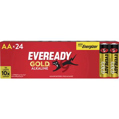 'Eveready Gold.' AA-batterijen verpakking van 24 stuks van Energizer, geel en zwart met een kattenlogo. Tekst: 'Houdt 10x langer mee'.