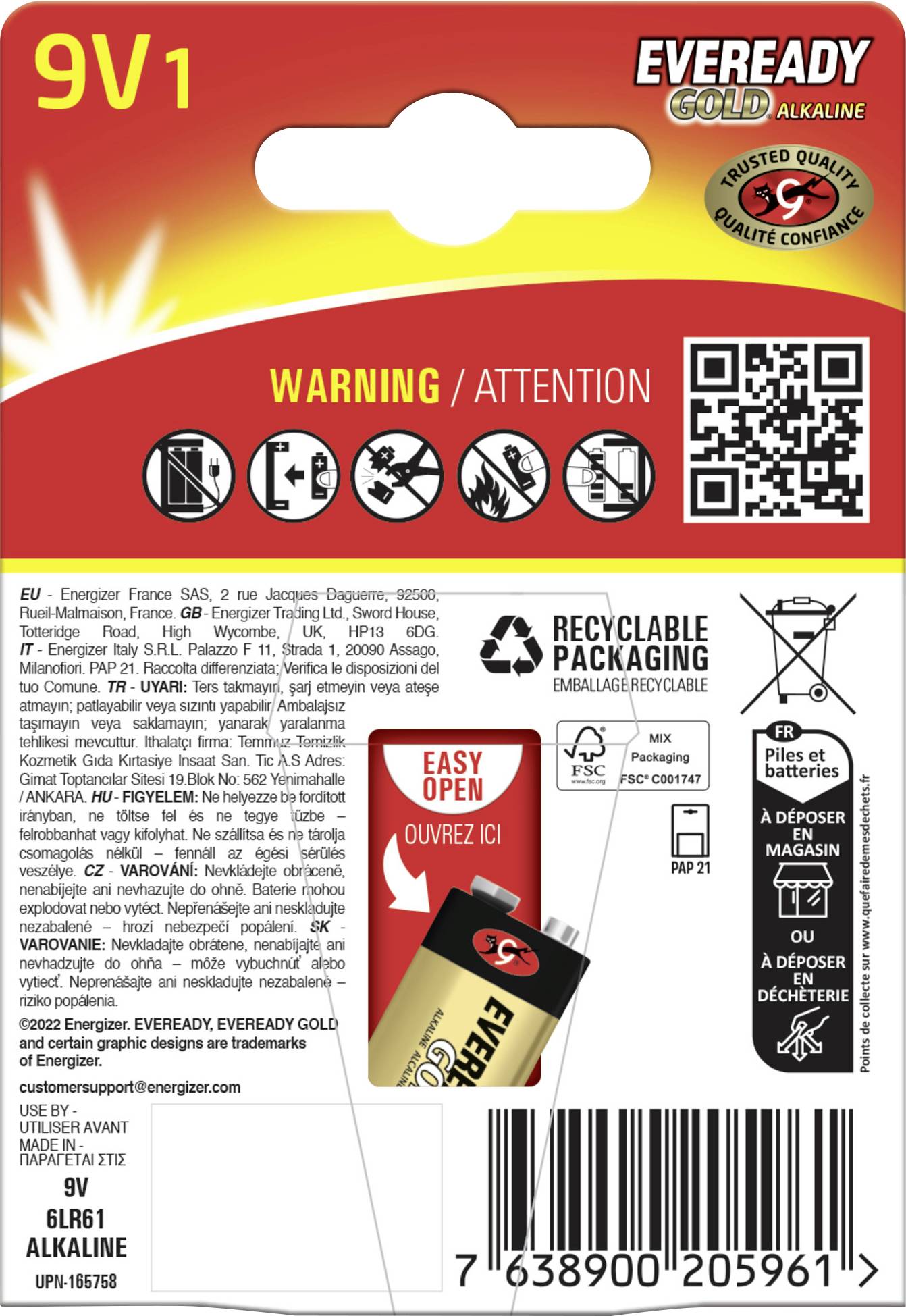 '9V1' batterijverpakking, Eveready Gold Alkaline, met recyclingsinformatie, gemakkelijke openingsinstructies en merkmerk. Rood en geel design.