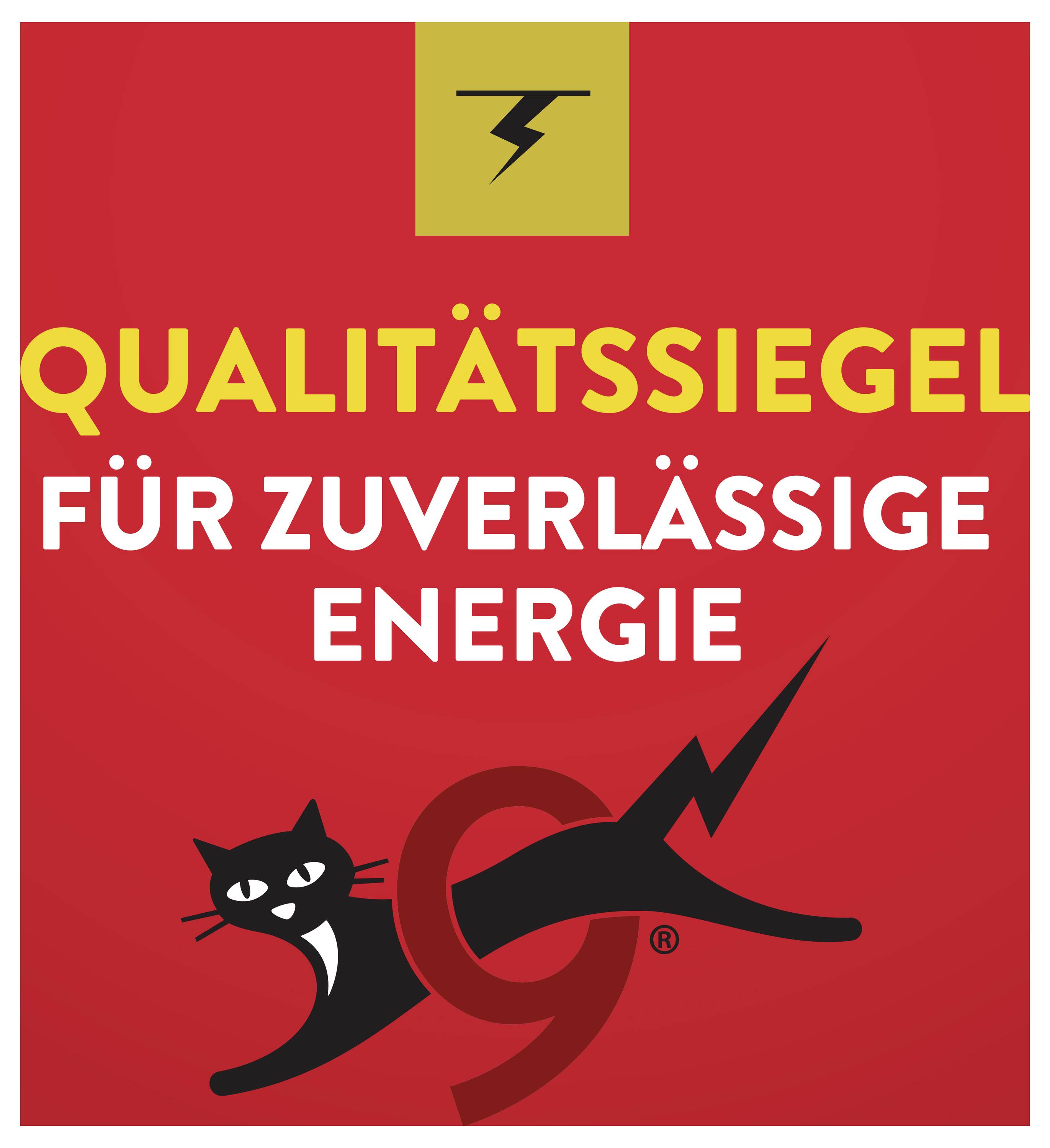 'Kwaliteitszegel voor betrouwbare energie' in grote gele en witte letters op rode achtergrond, met een zwarte kat en bliksymbool.