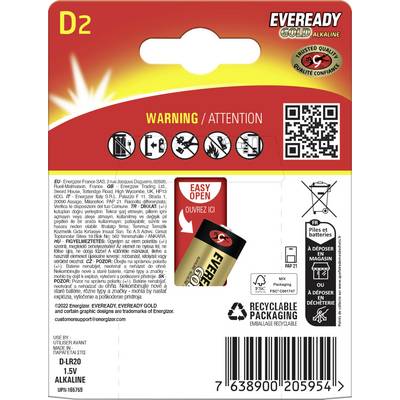 'Eveready Gold Alkaline D2 batterijenpakket. Met gemakkelijk openbare tab, waarschuwingssymbolen, recyclingsinformatie en contactgegevens. 1,5V vermogen.'