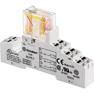 Een Finder relais model 95.P5.7 is gemonteerd op een witte DIN-railvoet, met zichtbare certificeringsmerken.