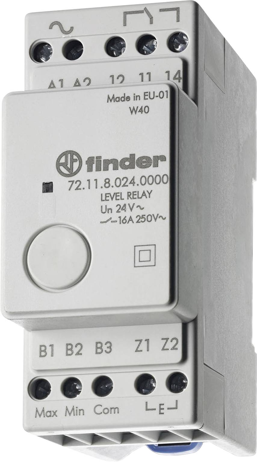 Een rechthoekige elektronische niveaurelaistechnologie met verschillende aansluitklemmen en labels, inclusief 'finder' logo, modelnummer en specificaties.
