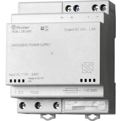 Industrieel apparaat gelabeld 'Schakelende Voedingseenheid' met ingangsspanningsbereik AC 110V-240V en uitgangsspanning DC 24V 1,5A, gebruikt voor elektrische toepassingen.