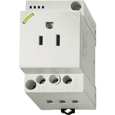 Een wit elektrisch apparaat met twee ronde contactpunten onderaan met het label 'L' en 'N' voor fase- en nuldraad, en een enkel rechthoekig contactpunt bovenaan.