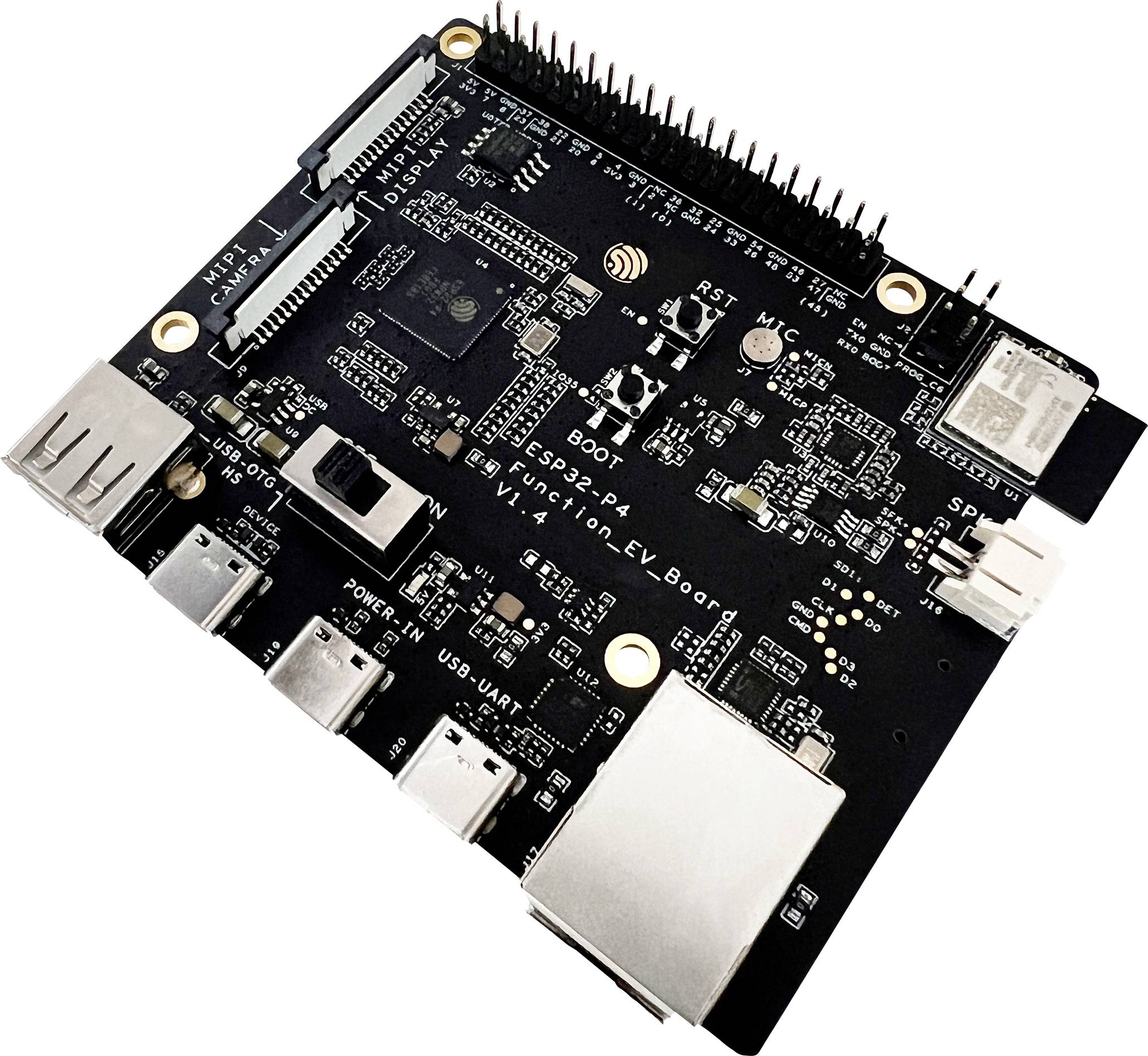Een zwart circuitbord met meerdere poorten en componenten gelabeld 'BOOT' en 'Function-EV Board.' Het beschikt over USB- en Ethernet-aansluitingen.