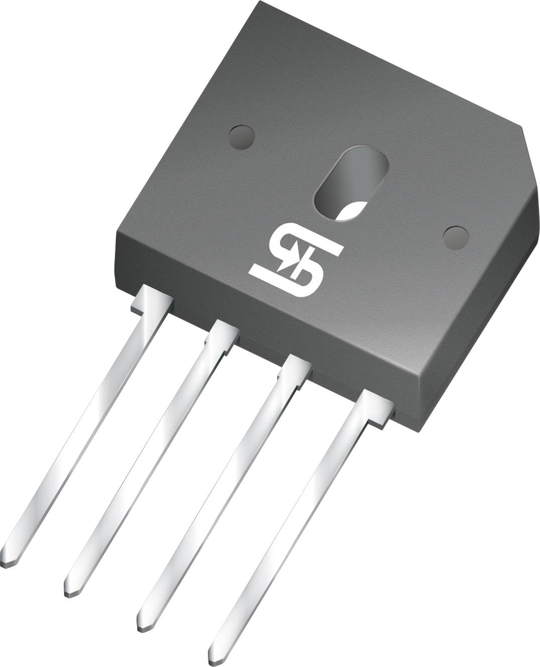 Een elektronische component met vier pinnen met een rechthoekige zwarte behuizing en metalen poten, waarschijnlijk een brugrelais, gebruikt in elektronica.