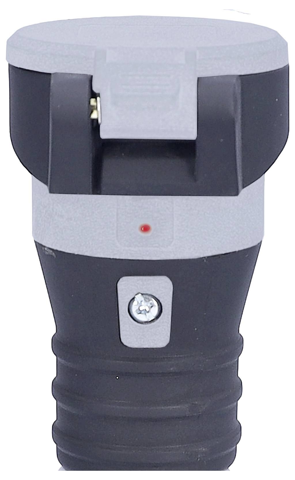 Een close-up van een grijs en zwart handheld apparaat met een deksel, een klein rood indicatielampje en een zichtbare schroef aan de voorkant.