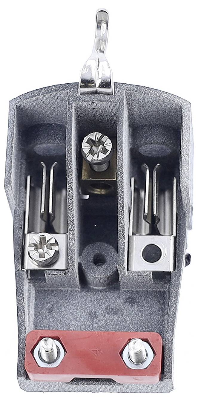 Een close-upafbeelding van een dubbele zekeringhouder met metalen contacten en een rode basis, gebruikt voor elektrische aansluitingen in stroombanen.