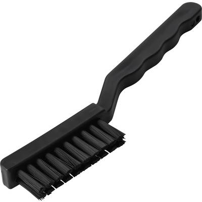 Zwarte handheld schoonmaakborstel met hoekig handvat en stijve haren op een witte achtergrond.