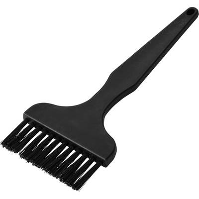 Zwarte schoonmaakborstel met een lange steel en stijve borstels, weergegeven op een witte achtergrond.