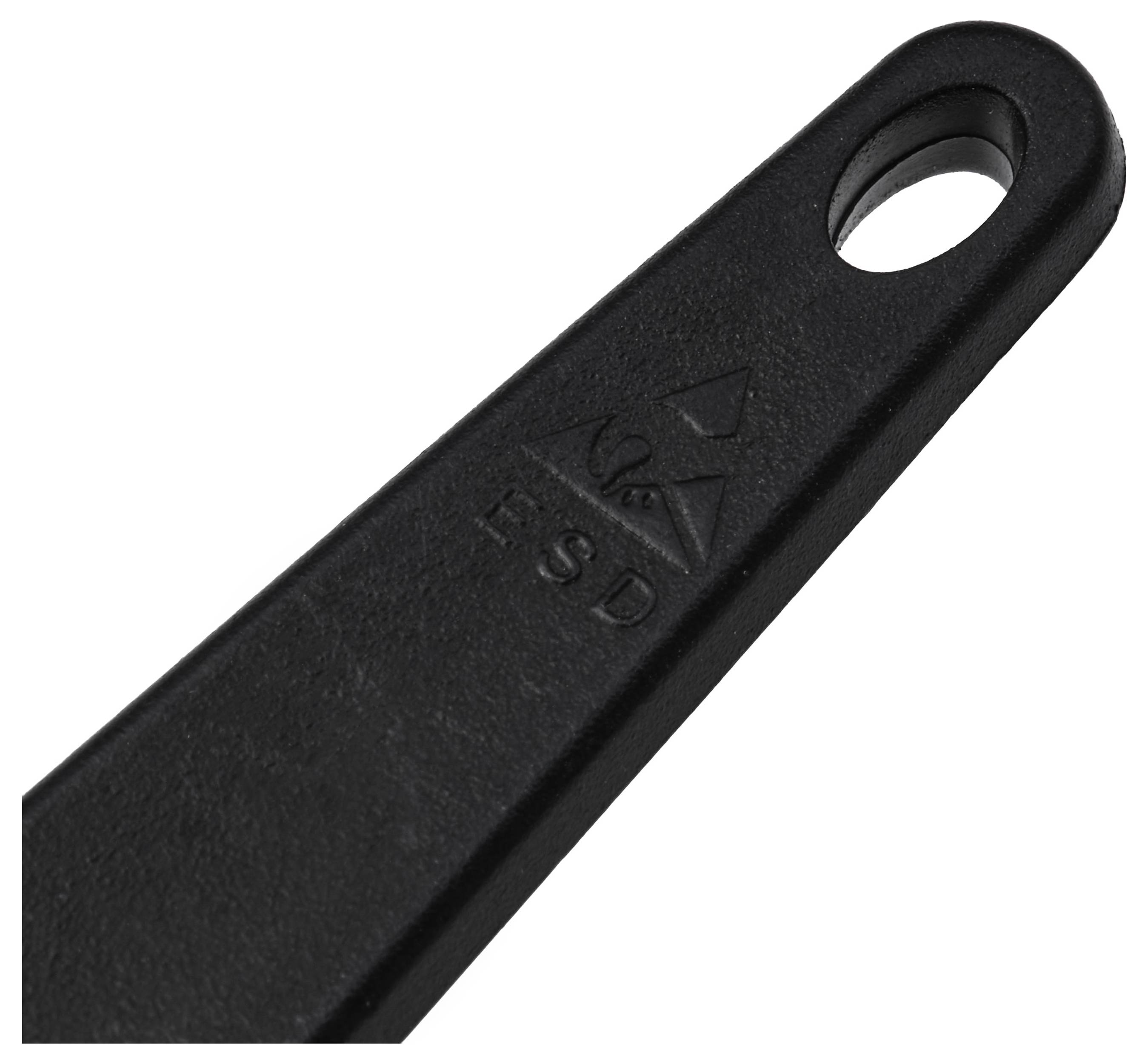 Zwarte kunststof hangband of handvat met een rond gat aan één uiteinde, weergegeven op een witte achtergrond.