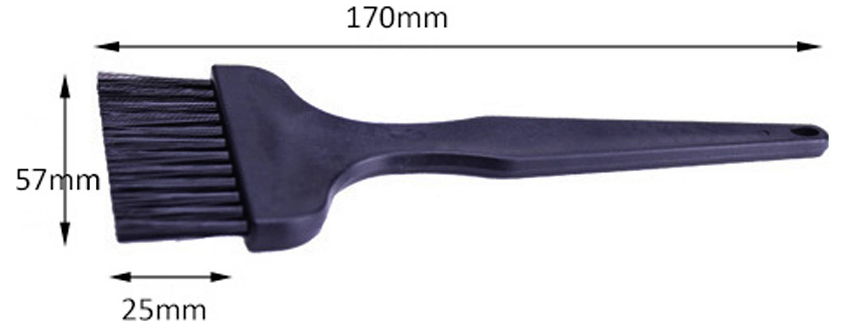 Zwarte verfkwast weergegeven in zijaanzicht met afmetingslabels: 170 mm lang, 57 mm hoog, 25 mm kwastbreedte.