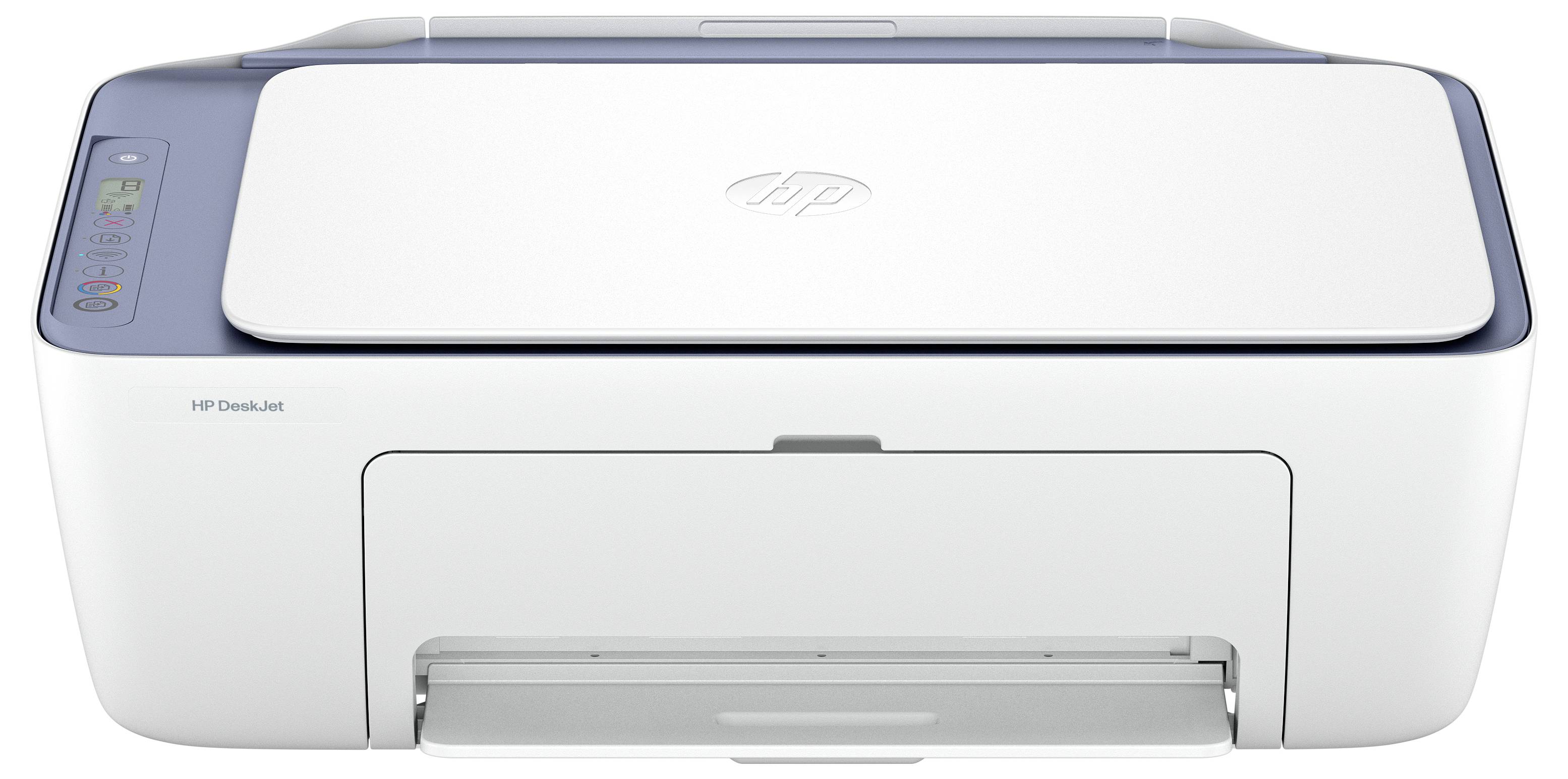 Vooraanzicht van een witte HP DeskJet-printer met blauwgrijze accenten en gesloten papierlades.