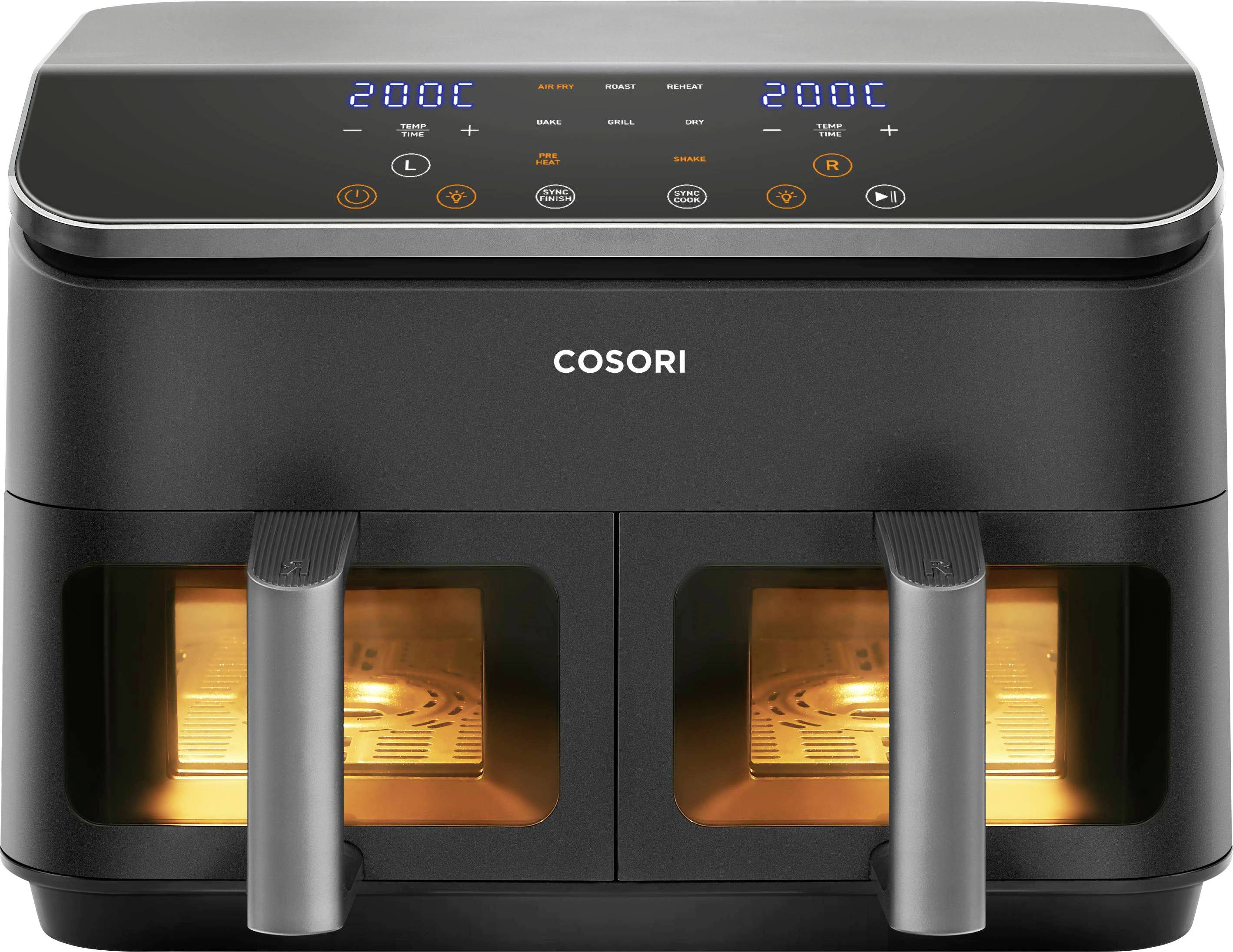Een zwarte dubbele-mandje airfryer met digitaal display toont instellingen van 200°C voor beide secties. Twee handvaten en glazen ramen geven zicht op het verlichte interieur.