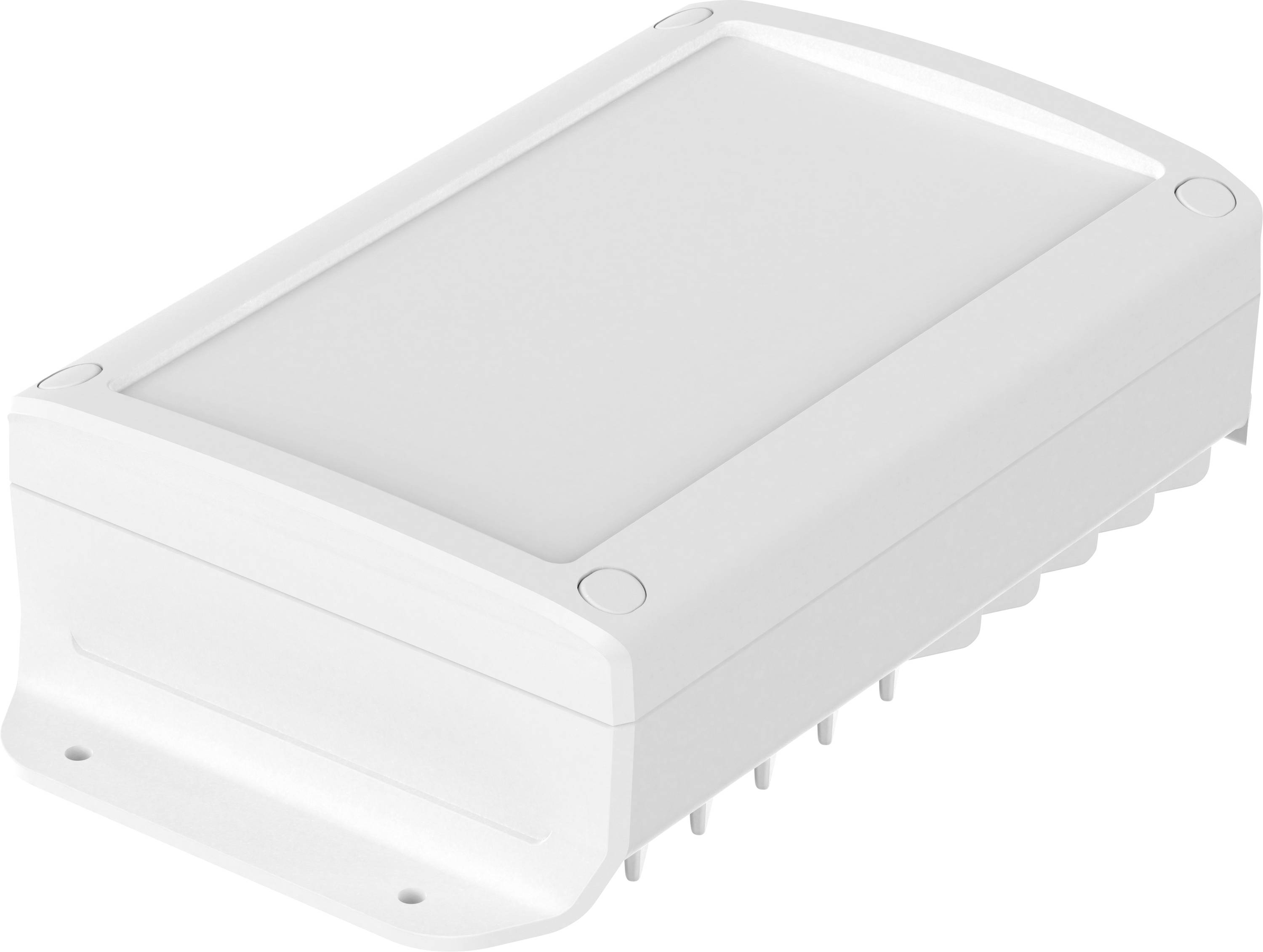 Een rechthoekige witte kunststof behuizing met afgeschuinde randen, ontworpen voor het huisvesten van elektronische componenten, met een plat bovenkant en bevestigingsbeugels.