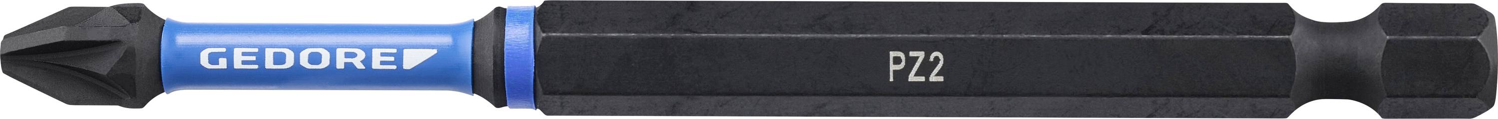 Met 'GEDORE' merk Phillips schroevendraaier bit met het label 'PZ2', met een blauw en zwart ontwerp voor verbeterde grip en precisie.