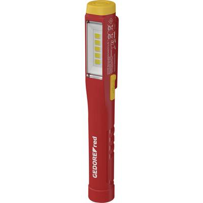 Rood en geel draagbaar LED-werklicht met merk 'GEORGE red' aan de zijkant, voorzien van meerdere LED-lampen op het voorpaneel.
