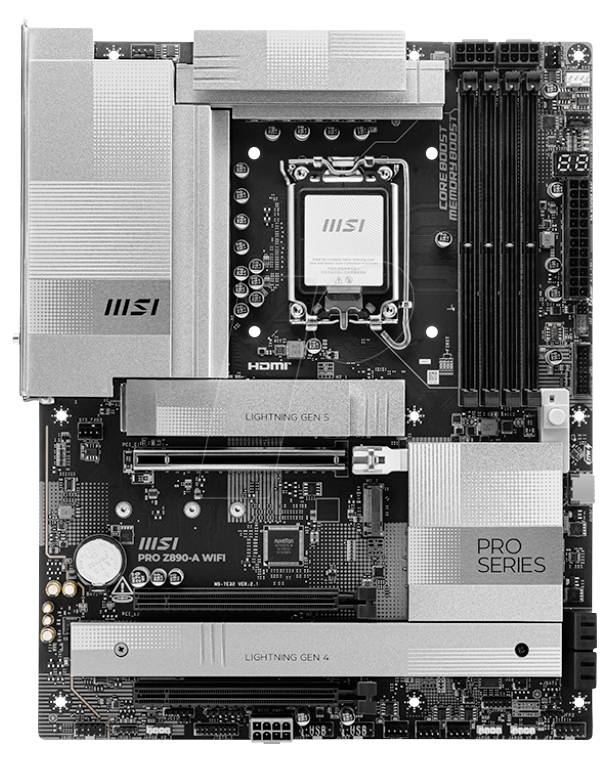 MSI PRO SERIES desktopmoederkaart met Intel CPU-socket, RAM-slots, PCIe-slots en grote zilveren koellichamen