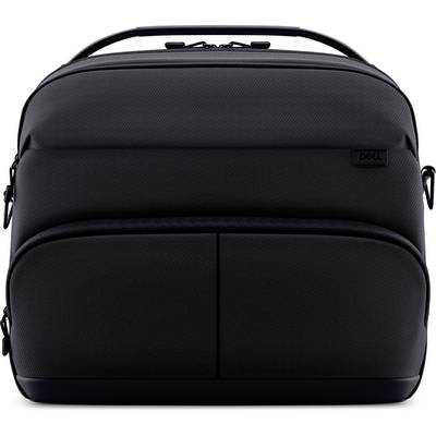 Een zwarte Dell laptoptas met meerdere vakken en een bovenbegrip, ontworpen om elektronische apparaten veilig te vervoeren.