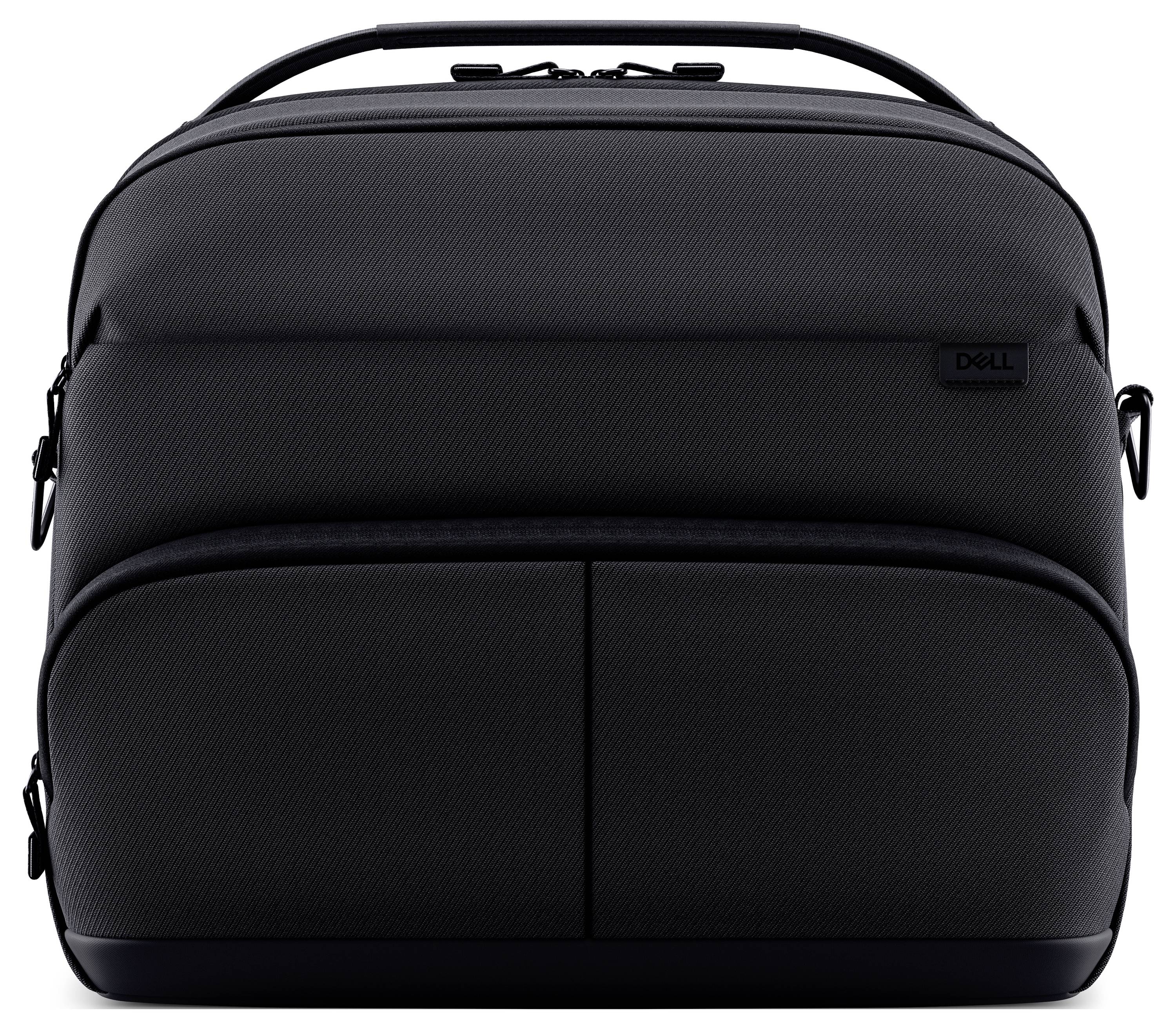 Een zwarte Dell laptoptas met een handgreep aan de bovenkant, een rits aan de voorkant en een strak design.