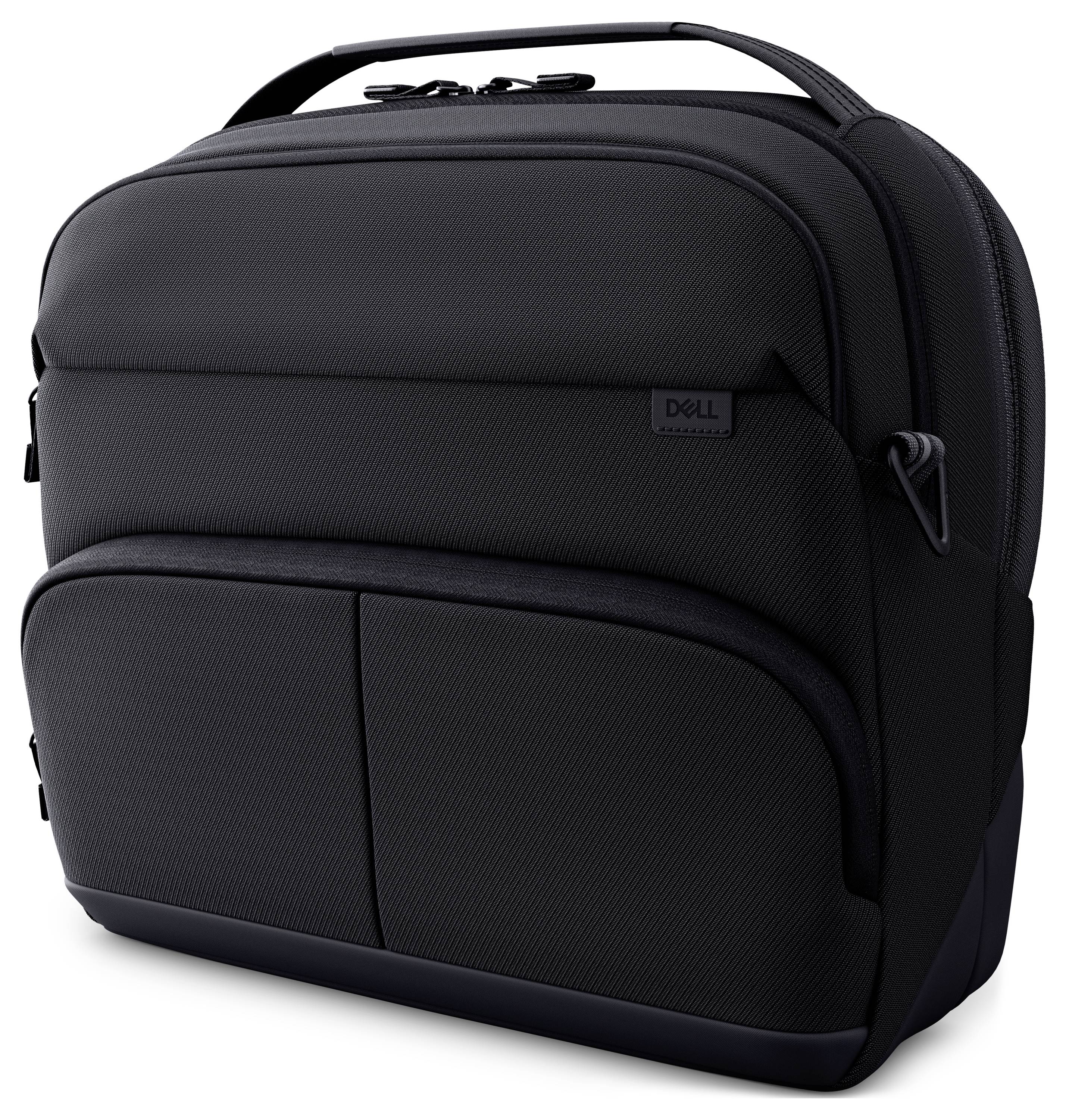 Een zwarte Dell-laptoptas met meerdere vakken, ontworpen voor technische apparaten en accessoires.