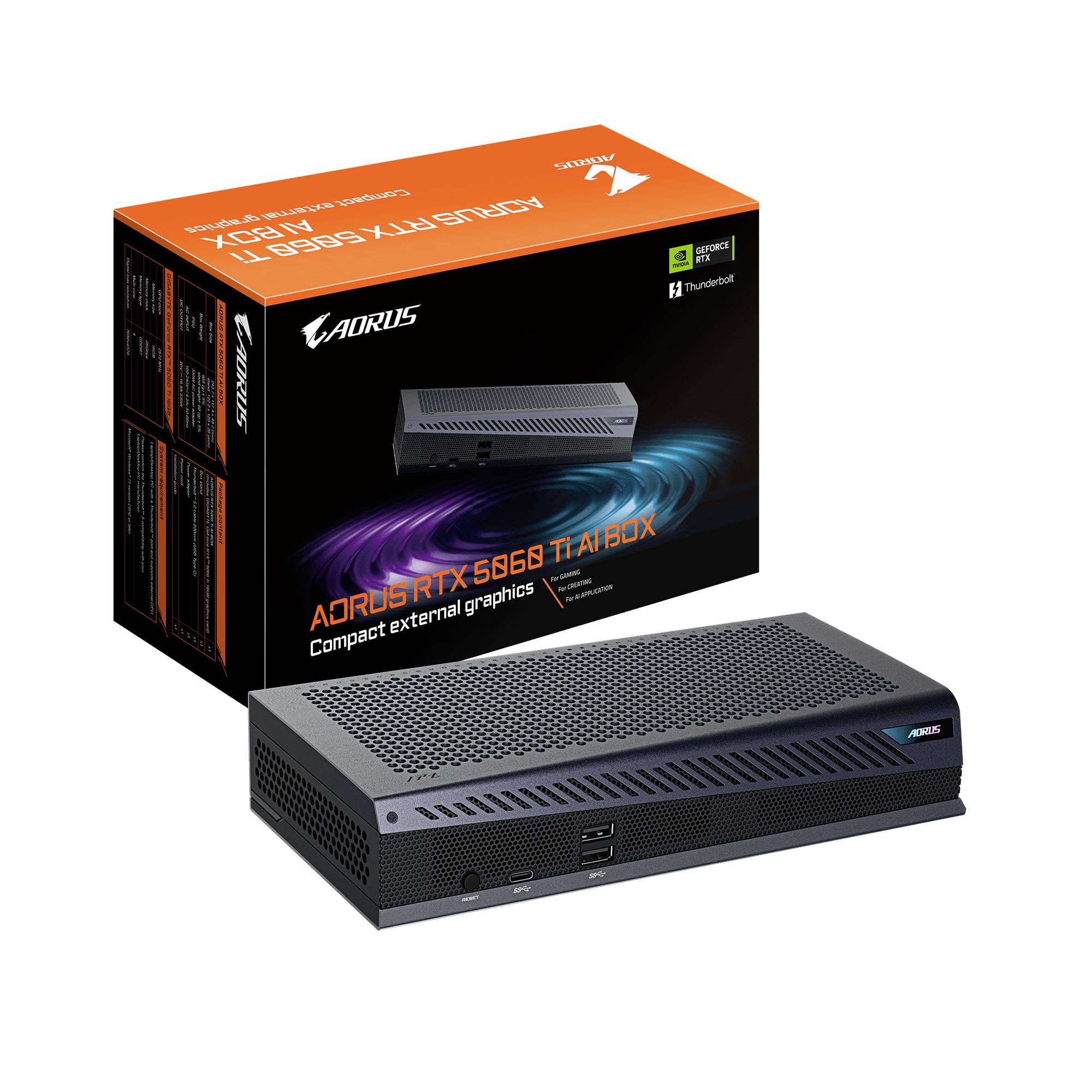 'GIGABYTE AORUS RTX 3080 Ti Gaming Box' met een externe grafische unit weergegeven naast de verpakking ervan.