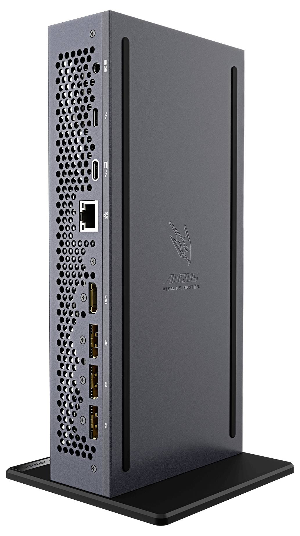 Aorus compacte gaminglaptop met ventilatieopeningen aan één zijde en verschillende poorten, waaronder USB en Ethernet, rechtop op een standaard weergegeven.
