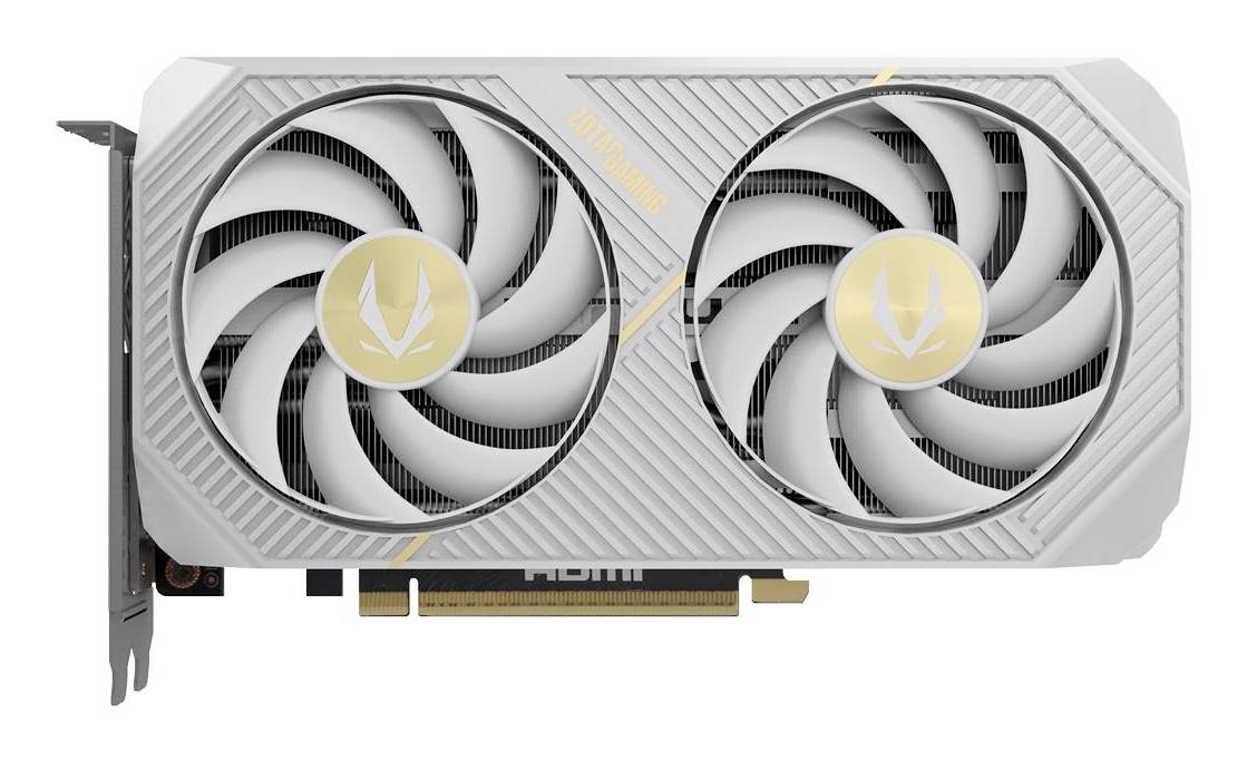 Een grafische kaart met dubbele ventilators en een strak design. De ventilators hebben een geel embleem in het midden, en er zijn HDMI-poorten zichtbaar aan de onderkant.