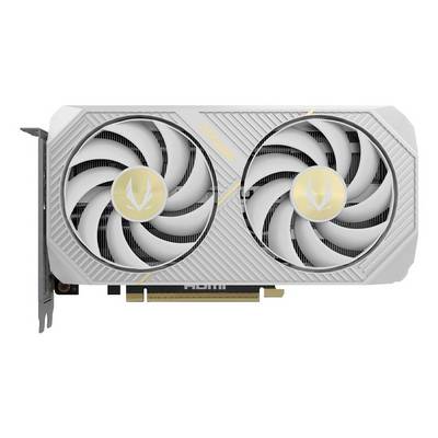 Een grafische kaart met dubbele ventilators en een strak design. De ventilators hebben een geel embleem in het midden, en er zijn HDMI-poorten zichtbaar aan de onderkant.