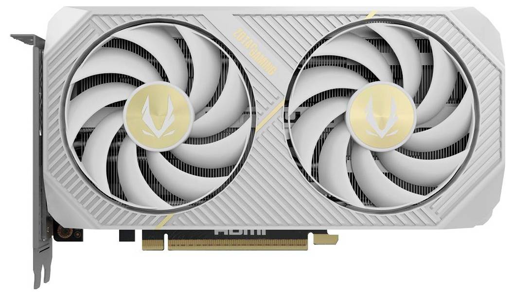 Witte grafische kaart met dubbele ventilatoren, voorzien van een gouden embleem in het midden van elke ventilator. Zichtbare PCIe-connector en HDMI-poort.
