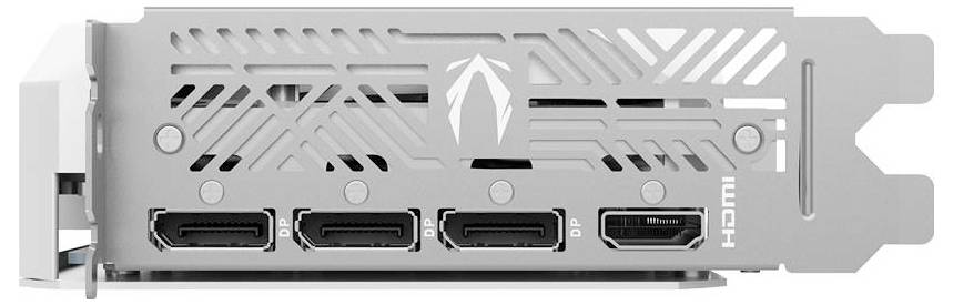 Op het achterpaneel van de grafische kaart zijn drie DisplayPort-aansluitingen en één HDMI-poort zichtbaar. Het paneel heeft een geventileerd ontwerp.