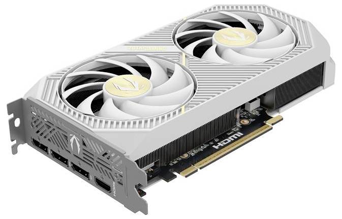 Een witte grafische kaart met twee ventilatoren en gele accenten, met meerdere HDMI- en DisplayPort-uitgangen op de beugel.