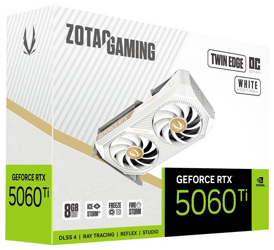 ZOTAC GAMING GeForce RTX 5060 Ti grafische kaart verpakking. Functies omvatten 'Twin Edge', 'OC', 'White Edition', 'DLSS 4', 'Ray Tracing'.
