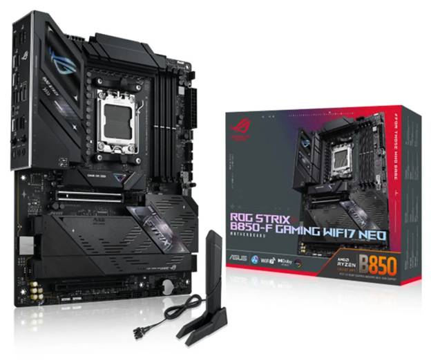 'ASUS ROG Strix B650-F Gaming WiFi 7 Neo moederbord getoond met retailverpakking, antenne en kabel. Compatibel met AMD Ryzen-processors.'