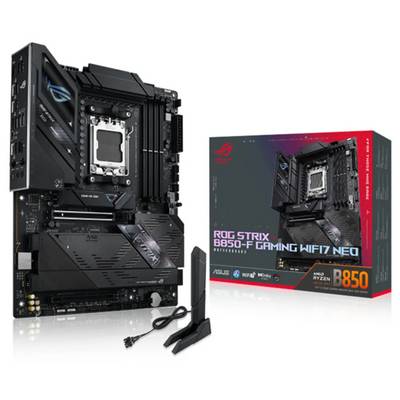'ASUS ROG Strix B650-F Gaming WiFi 7 Neo moederbord getoond met retailverpakking, antenne en kabel. Compatibel met AMD Ryzen-processors.'