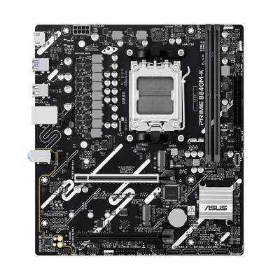 Een zwart computermoederbord met gelabelde componenten en sleuven, inclusief een CPU-socket, RAM-sleuven en verschillende connectors. Merk en model 'ASUS Prime B460M-K' zichtbaar.