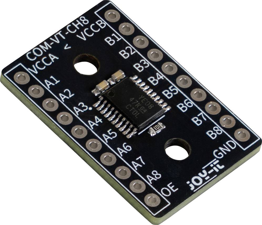 Een klein I2C spanningsniveau-vertaalbord met gelabelde pennen A1-A8 en B1-B8, plus VCCA, VCCB, GND, en OE.