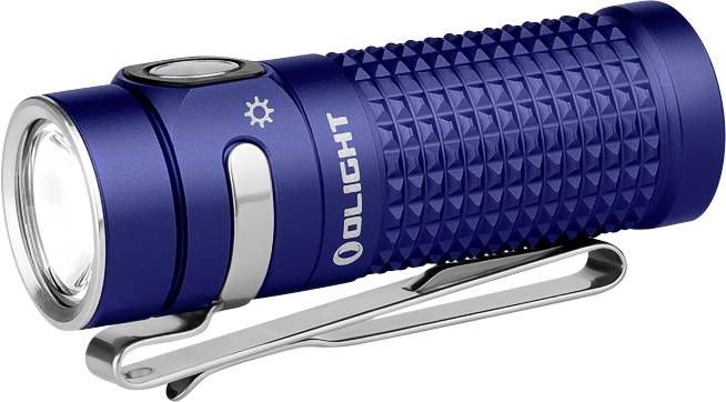 Een blauwe compacte zaklamp met een gestructureerde grip, een zilveren clip en een aan/uit-knop aan de zijkant.