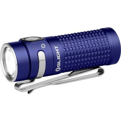 Een blauwe compacte zaklamp met een gestructureerde grip, een zilveren clip en een aan/uit-knop aan de zijkant.
