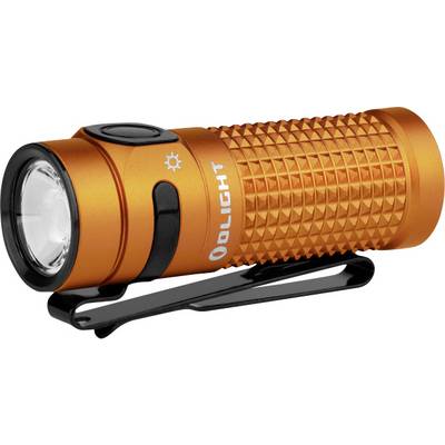 Een compacte, oranje zaklamp met een gestructureerde grip en een zijknop, gelabeld 'OLIGHT,' voorzien van een clip voor eenvoudige bevestiging aan de zak.