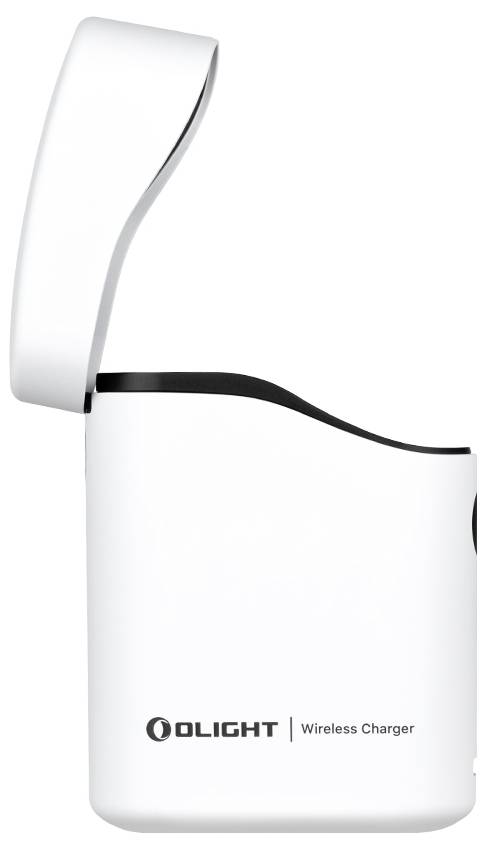 Witte draadloze oplader met opengelicht deksel, gemerkt 'Olight'.