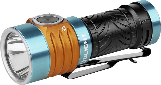 Een compacte, kleurrijke zaklamp met een oranje, blauwe en zwarte afwerking, met het merknaam 'OLIGHT'.