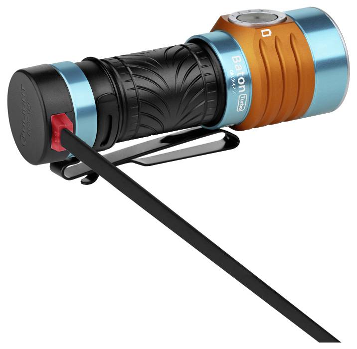 Een compacte, tweekleurige zaklamp met textuurgeripte greep en een clip voor bevestiging.