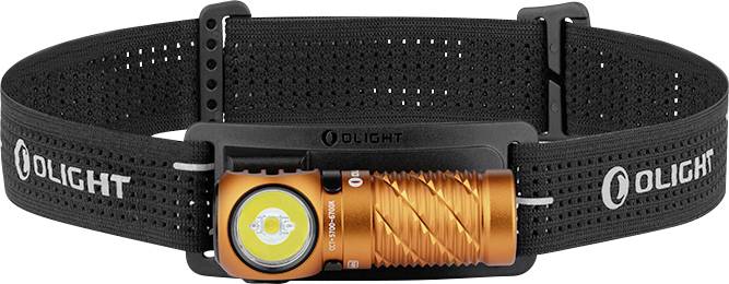 'Een zwart hoofdband met een oranje zaklamp aan de zijkant bevestigd, met het merknaam Olight zichtbaar. Het gloeilampje van de zaklamp is zichtbaar.'