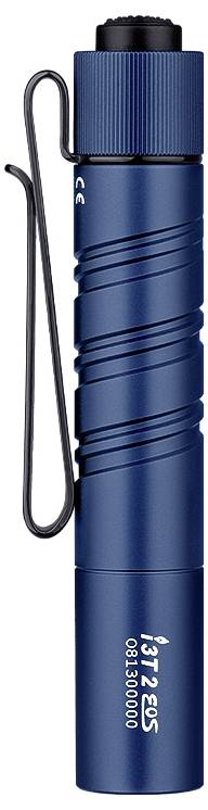 Een blauwe zaklamp met een zwarte clip, met de tekst 'i3T EOS' en '180 lumens'.